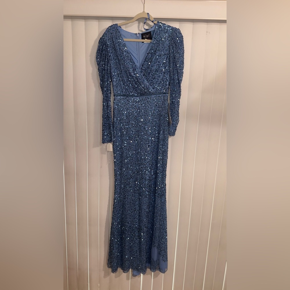 Mac Duggal Long Sleeve Blue Sequin Dress